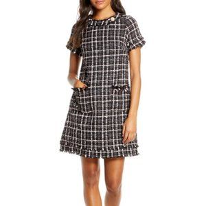 New 138$ Harper Rose Tweed Women's 6P Petite Black Fringe Trim Plaid Shift Dress